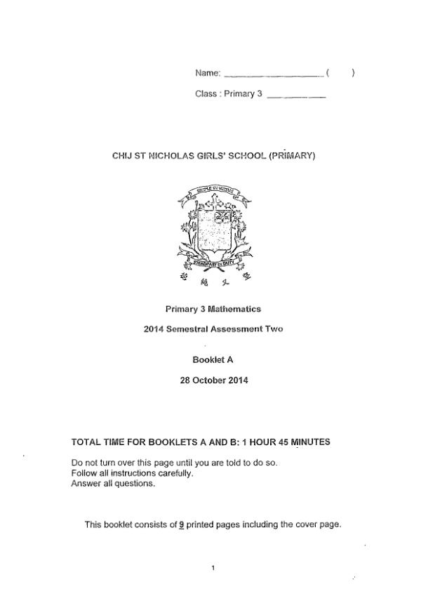 CHIJ P3 Math SA2 2014 exam paper PDF first page preview