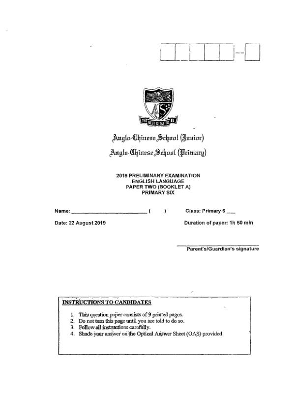 Anglo Chinese P6 Eng SA2 2019 exam paper PDF first page preview