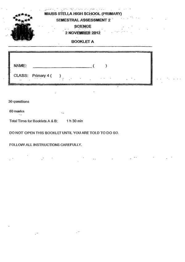 Maris Stella High P4 Sci SA2 2012 exam paper PDF preview