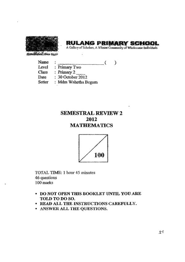 Rulang P2 Math SA2 2012 exam paper PDF preview