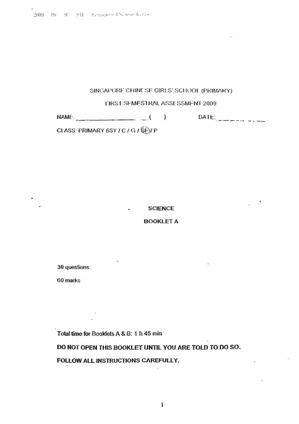 Singapore Chinese Girls P6 Sci WA2 2009 exam paper PDF first page preview