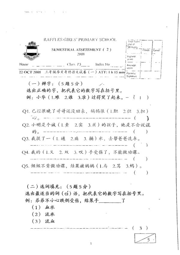 Raffles Girls P3 Chi SA2 2008 exam paper PDF first page preview