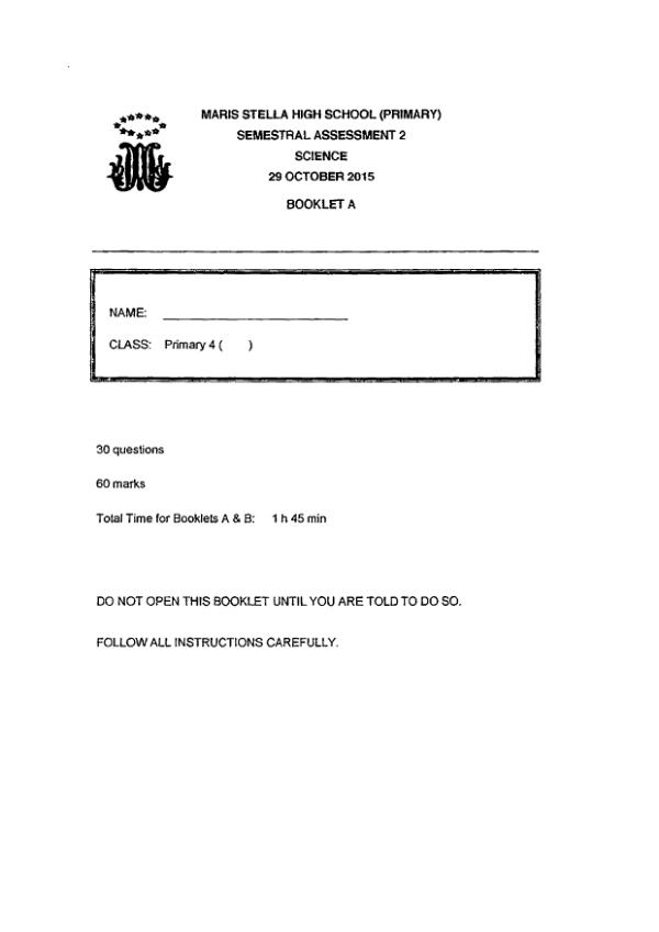 Maris Stella High P4 Sci SA2 2015 exam paper PDF first page preview