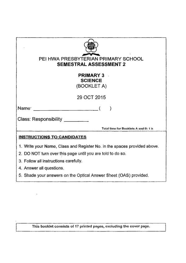 Pei Hwa P3 Sci SA2 2015 exam paper PDF first page preview