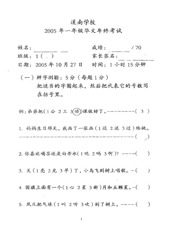 Tao Nan P1 Chi SA2 2005 exam paper PDF first page preview
