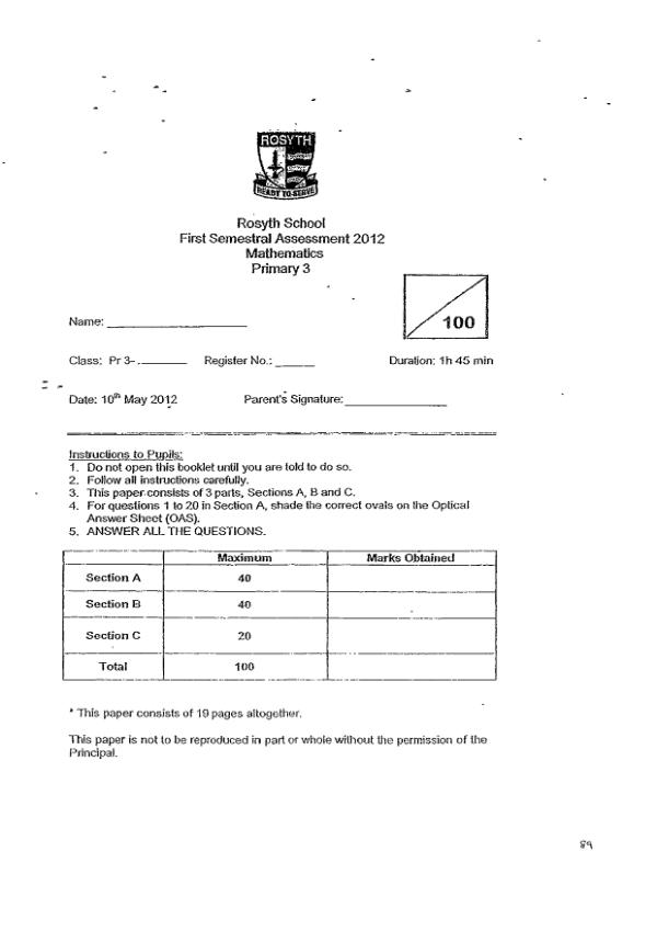 Rosyth P3 Math WA2 2012 exam paper PDF preview