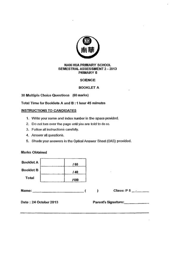 Nan Hua P5 Sci SA2 2013 exam paper PDF preview