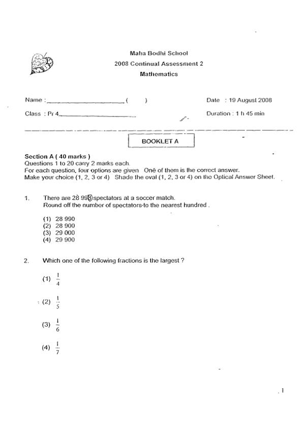 Maha Bodhi P4 Math WA3 2008 exam paper PDF preview