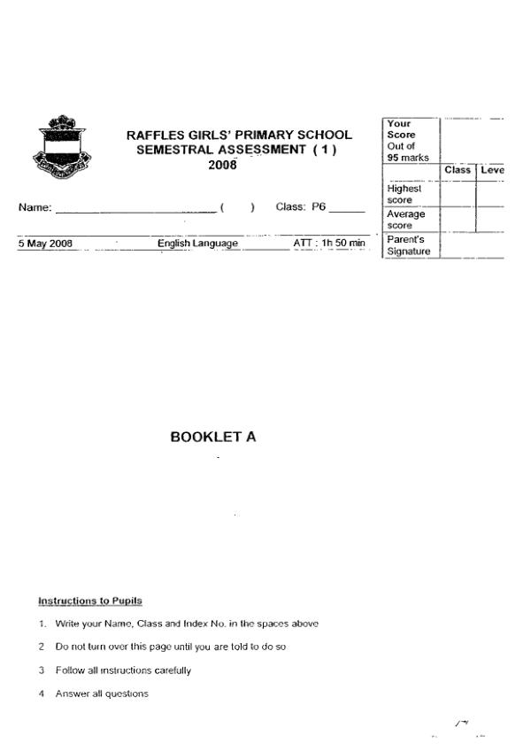 Raffles Girls P6 Eng WA2 2008 exam paper PDF first page preview