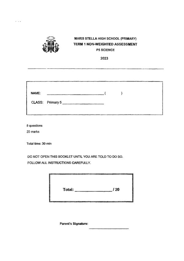 Maris Stella High P5 Sci WA2 2023 exam paper PDF first page preview