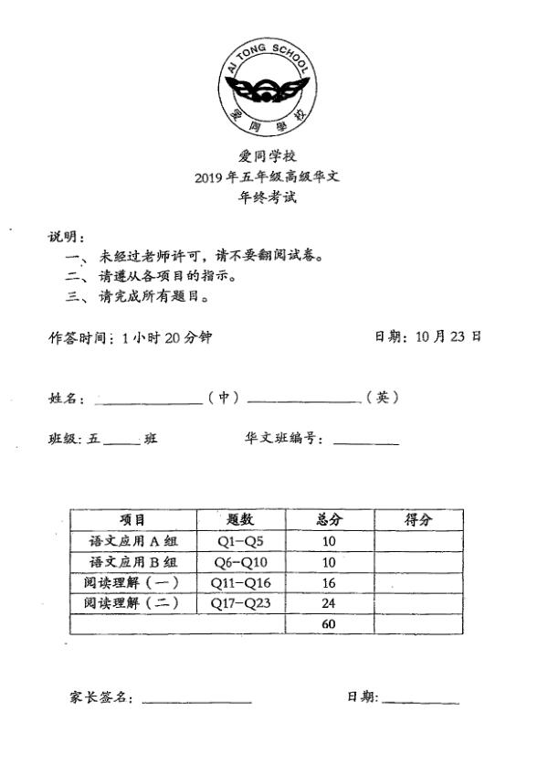 Ai Tong P5 Chi SA2 2019 exam paper PDF first page preview