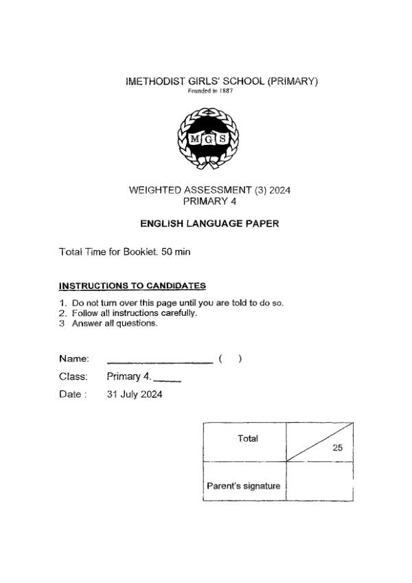 First page preview of P4 Eng 2024 WA3 — Methodist Girls