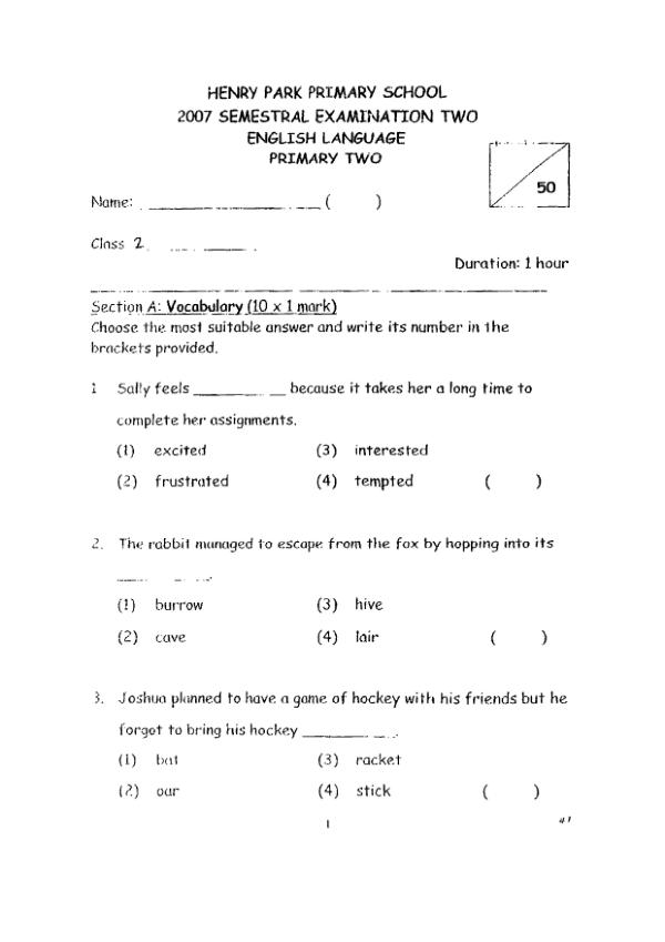 Henry Park P2 Eng SA2 2007 exam paper PDF preview