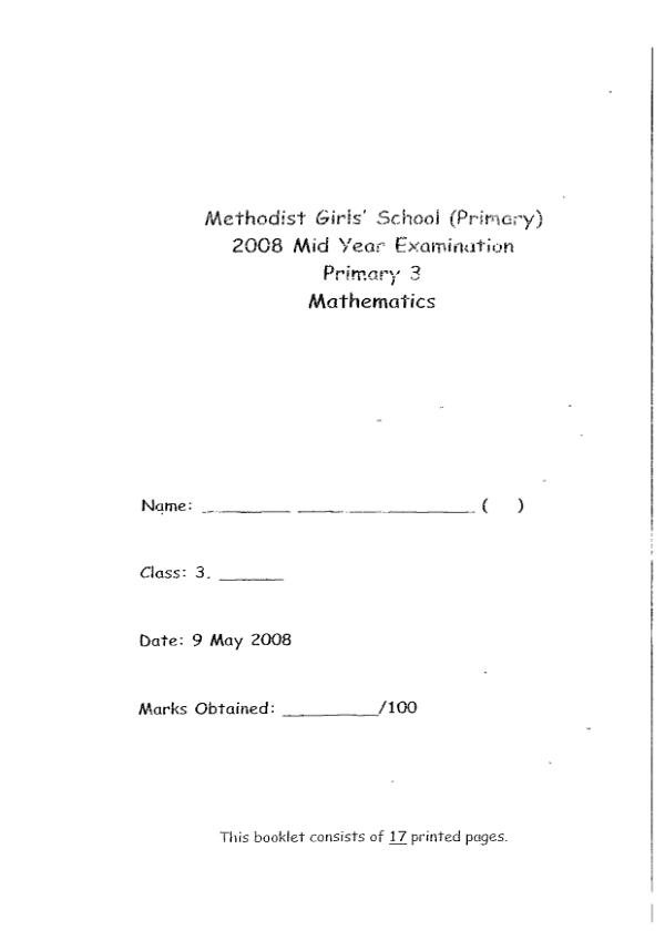 Methodist Girls P3 Math WA2 2008 exam paper PDF first page preview