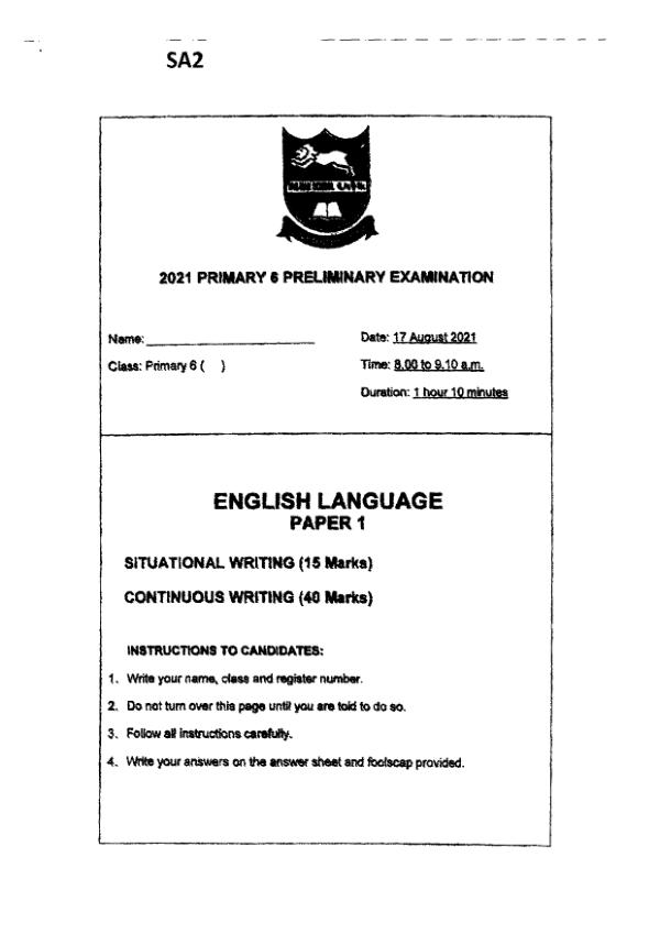 Tao Nan P6 Eng SA2 2021 exam paper PDF first page preview