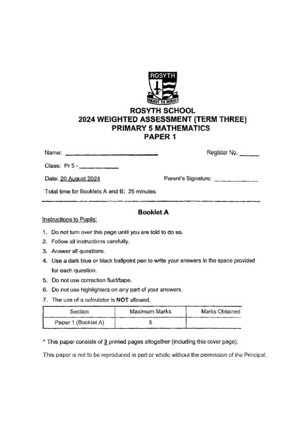 First page preview of P5 Math 2024 WA3 — Rosyth