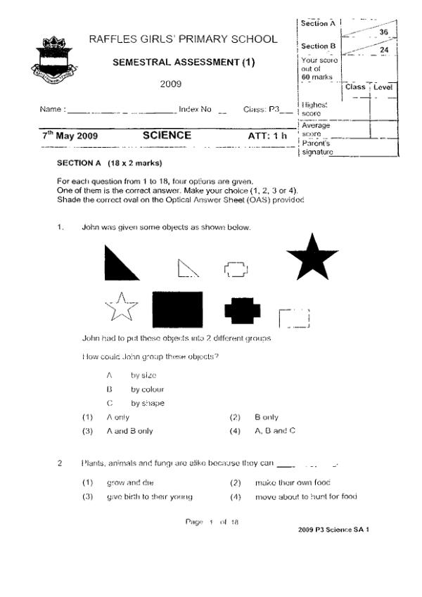 Raffles Girls P3 Sci WA2 2009 exam paper PDF first page preview