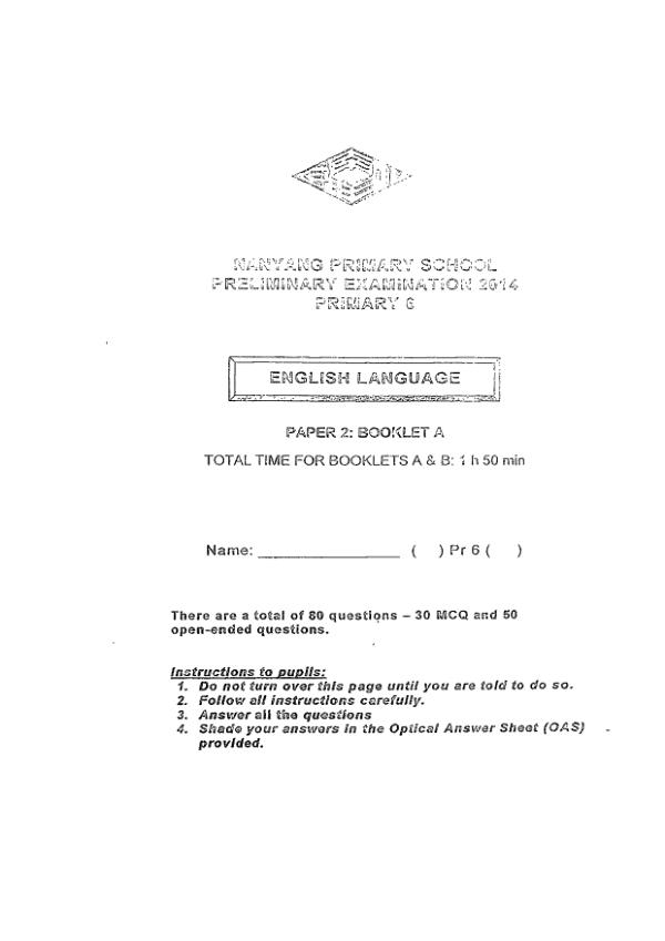 Nanyang P6 Eng SA2 2014 exam paper PDF first page preview