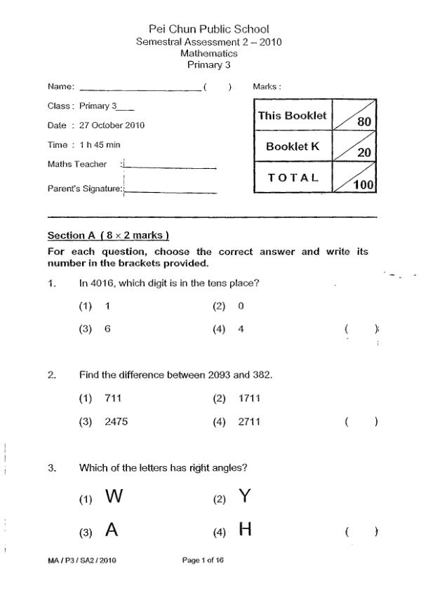 Pei Chun P3 Math SA2 2010 exam paper PDF preview