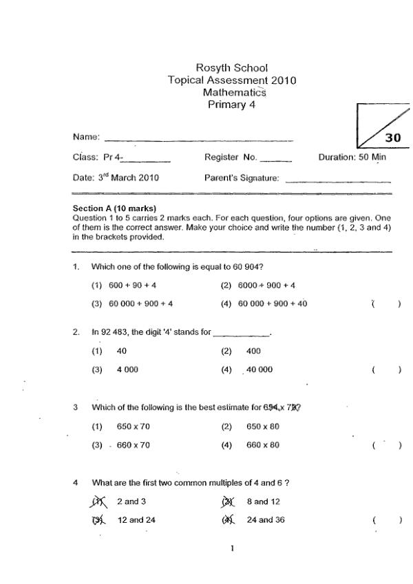 Rosyth P4 Math WA1 2010 exam paper PDF preview