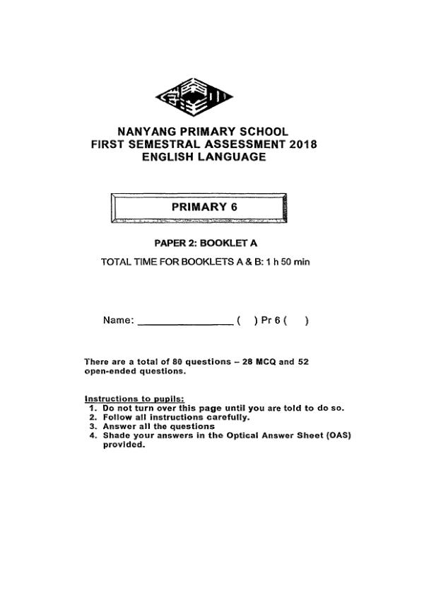 Nanyang P6 Eng WA2 2018 exam paper PDF first page preview