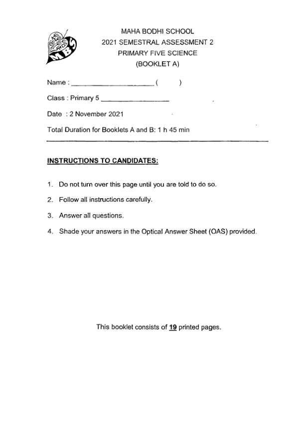 Maha Bodhi P5 Sci SA2 2021 exam paper PDF first page preview