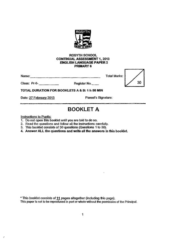 Rosyth P6 Eng WA1 2013 exam paper PDF preview