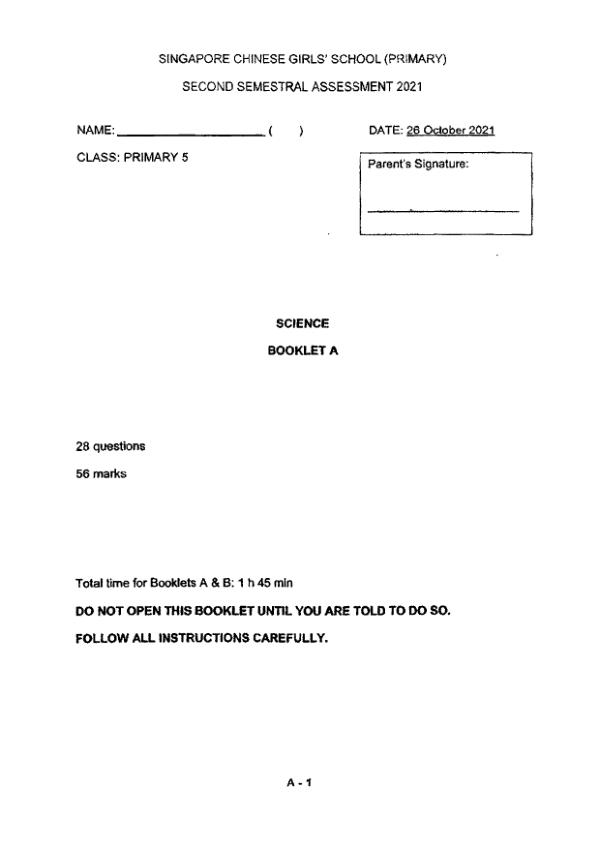 Singapore Chinese Girls P5 Sci SA2 2021 exam paper PDF preview
