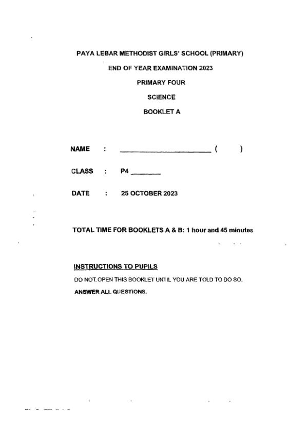 Methodist Girls P4 Sci SA2 2023 exam paper PDF preview