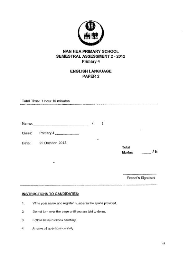 Nan Hua P4 Eng SA2 2012 exam paper PDF preview