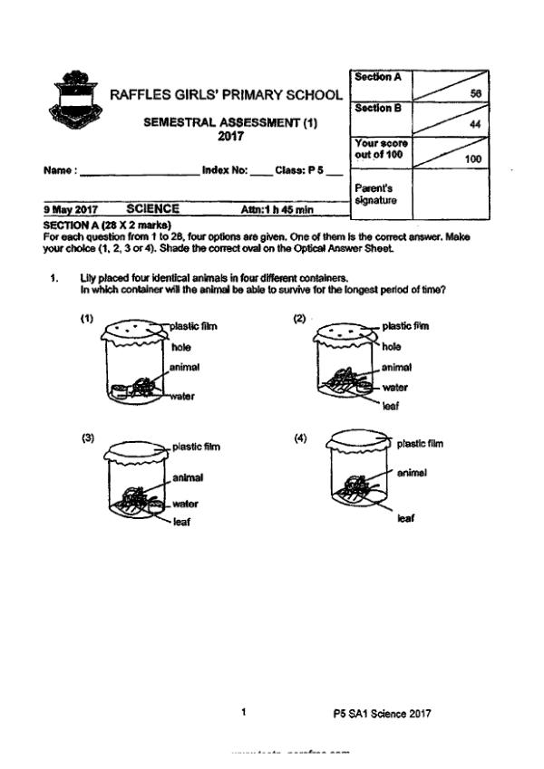 Raffles Girls P5 Sci WA2 2017 exam paper PDF first page preview