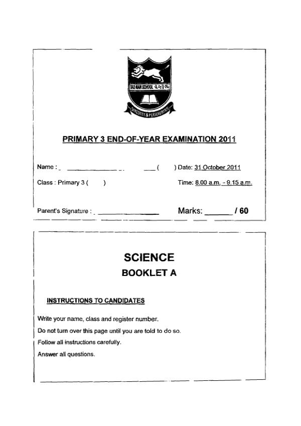 Tao Nan P3 Sci SA2 2011 exam paper PDF preview