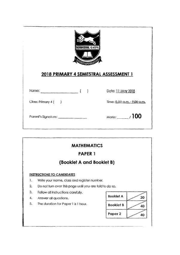First page preview of P4 Math 2018 WA2 — Tao Nan