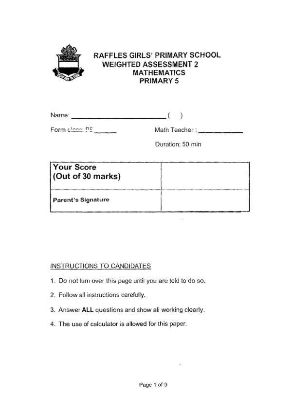 First page preview of P5 Math 2024 WA2 — Raffles Girls