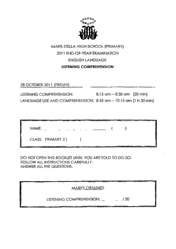 Maris Stella High P2 Eng SA2 2011 exam paper PDF first page preview