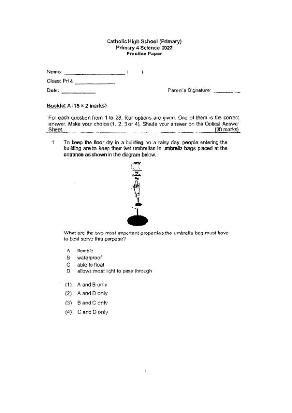 Catholic High P4 Sci SA2 2022 exam paper PDF preview