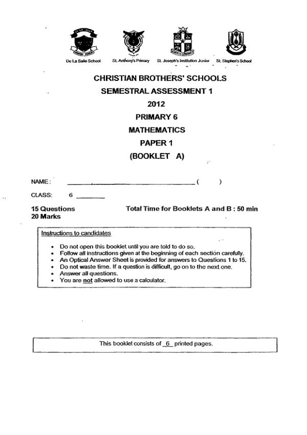 Christian Brothers P6 Math WA2 2012 exam paper PDF preview