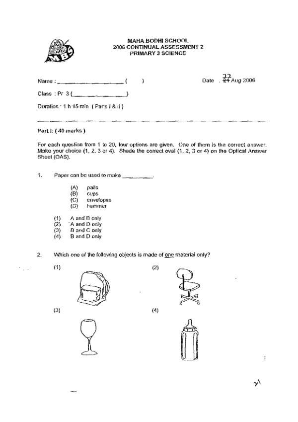 Maha Bodhi P3 Sci WA3 2006 exam paper PDF preview