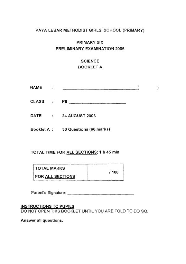 Methodist Girls P6 Sci SA2 2006 exam paper PDF preview