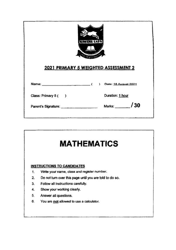 First page preview of P5 Math 2021 WA3 — Tao Nan