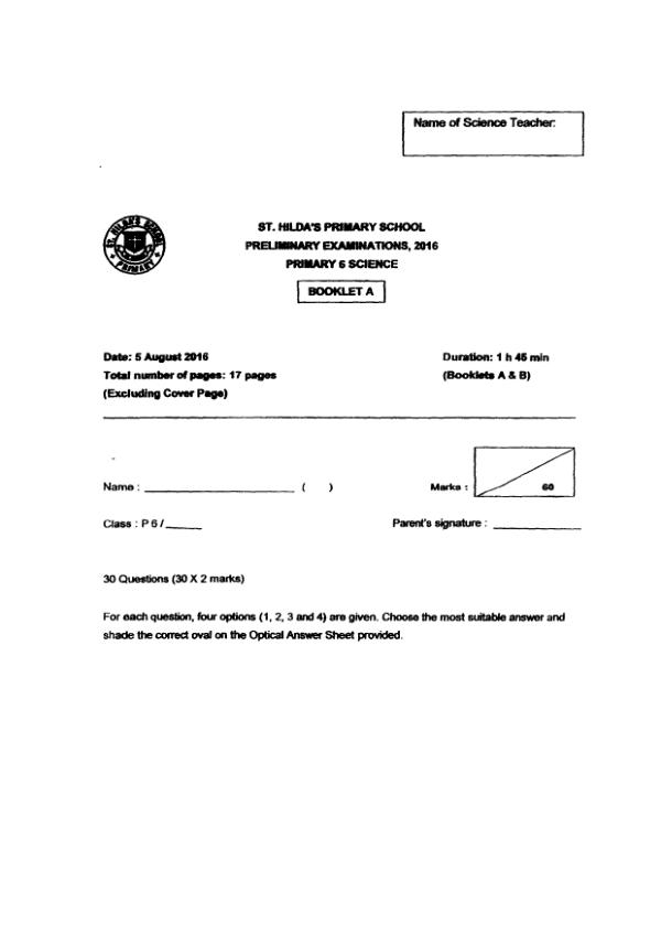 St Hildas P6 Sci SA2 2016 exam paper PDF first page preview