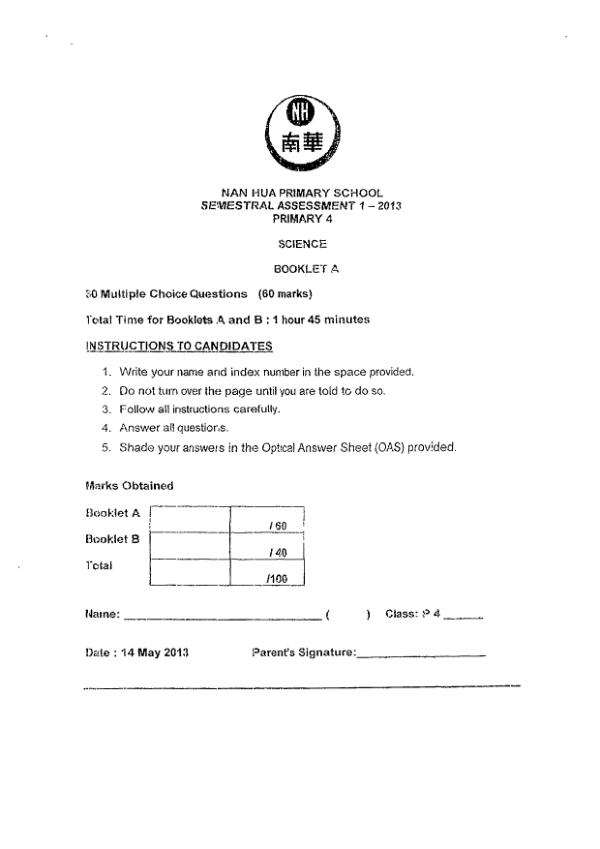 Nan Hua P4 Sci WA2 2013 exam paper PDF preview