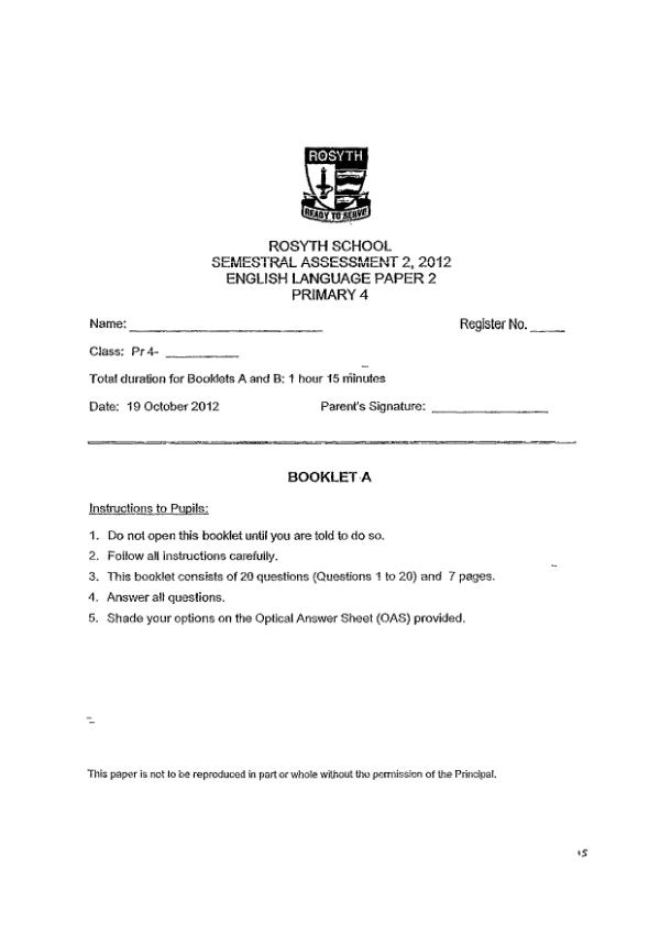 Rosyth P4 Eng SA2 2012 exam paper PDF preview