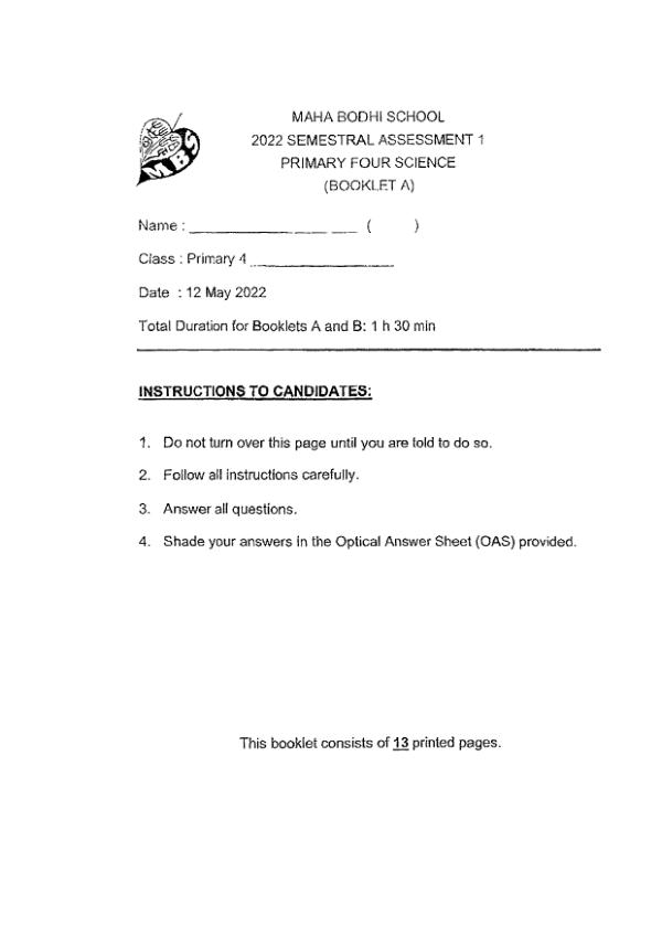 Maha Bodhi P4 Sci WA2 2022 exam paper PDF preview