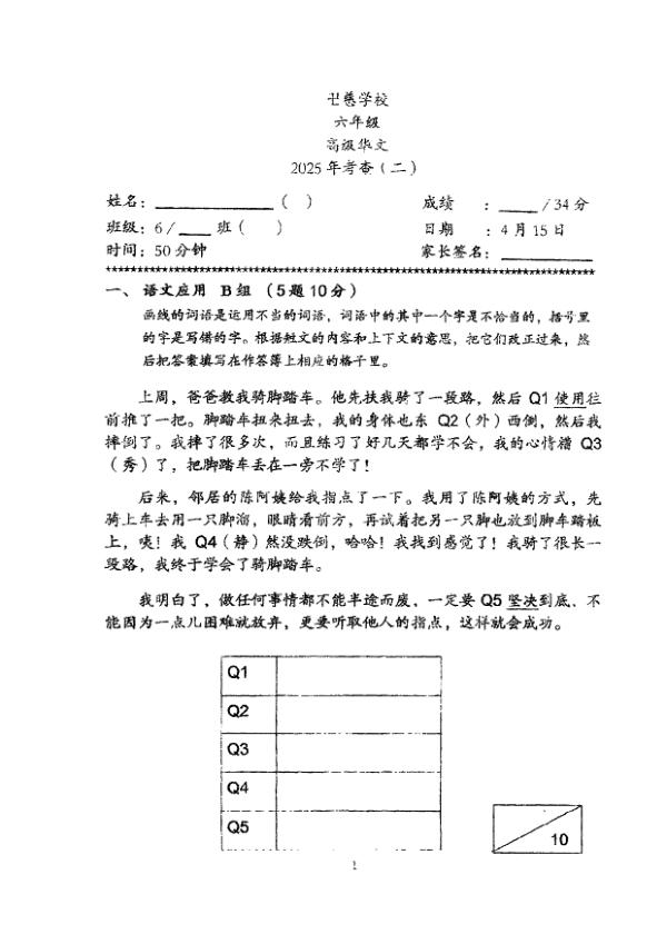Red Swastika P6 Chi WA2 2025 exam paper PDF first page preview