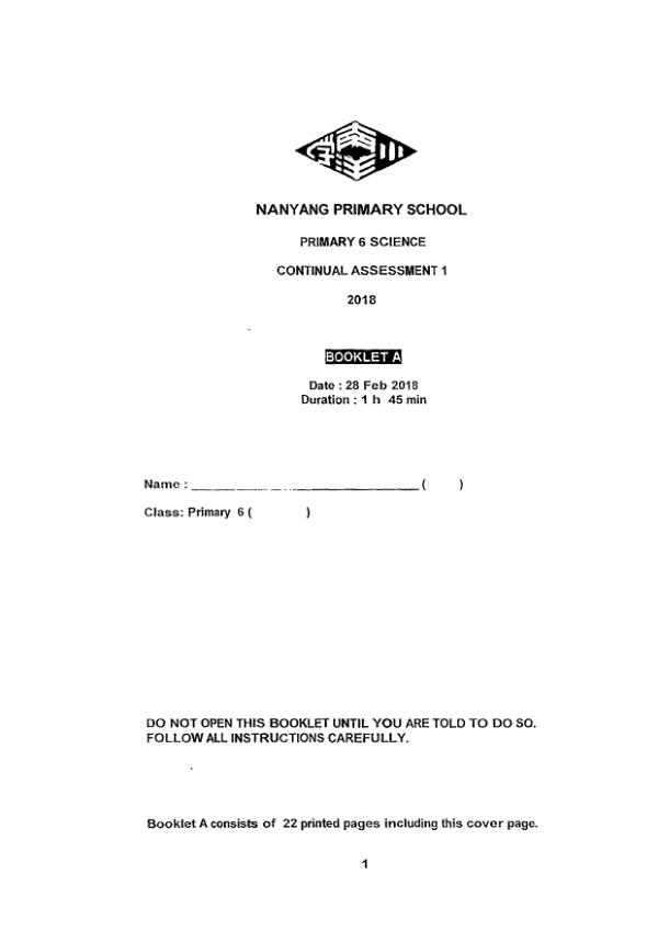 Nanyang P6 Sci WA1 2018 exam paper PDF first page preview