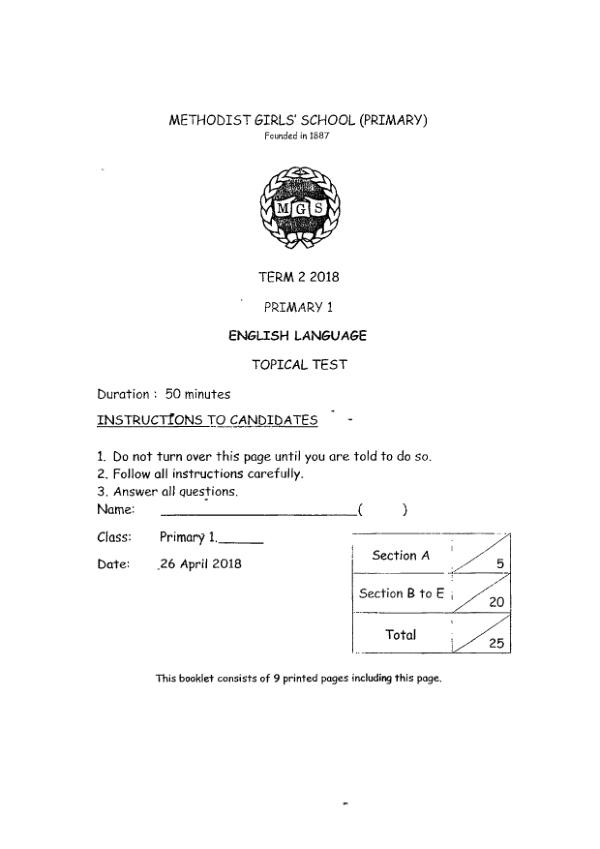 Methodist Girls P1 Eng WA2 2018 exam paper PDF first page preview