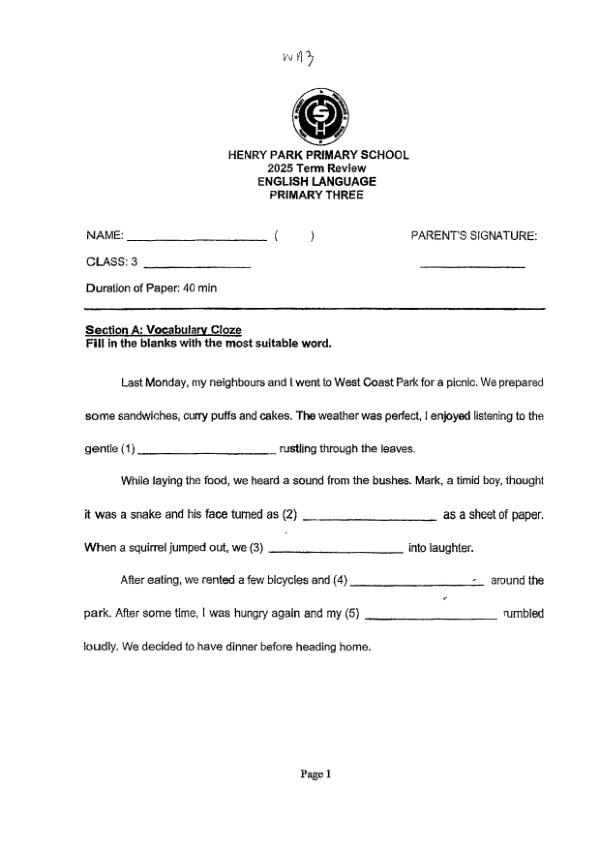 First page preview of P3 Eng 2025 WA3 — Henry Park