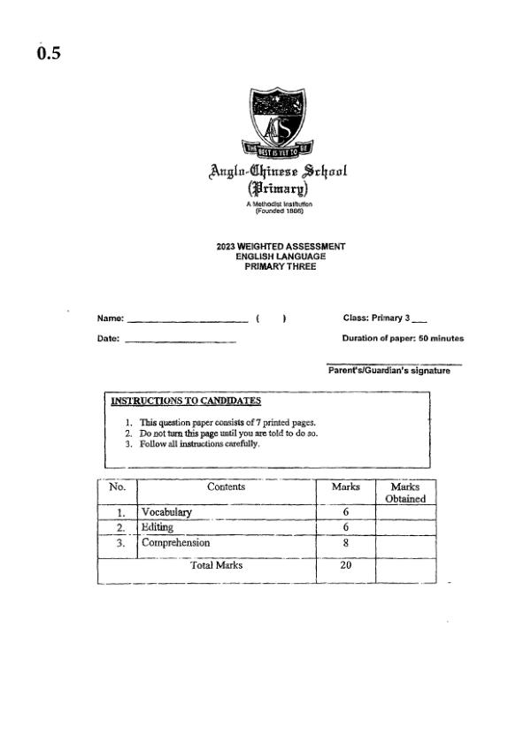 Anglo Chinese P3 Eng WA1 2023 exam paper PDF first page preview