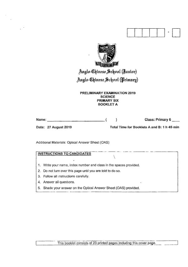 Anglo Chinese P6 Sci SA2 2019 exam paper PDF first page preview